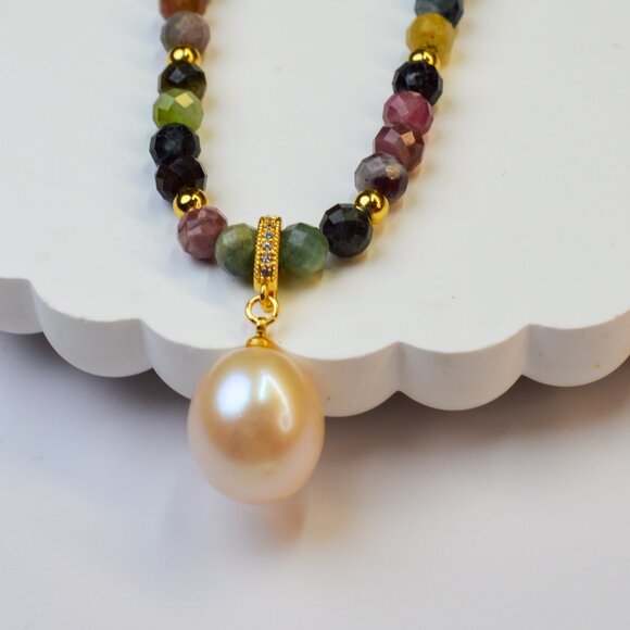 Tourmaline & King Size Edison Pearl Pendant Necklace 19" - Picture 3 of 11